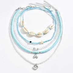 5pcs set Summer Fashion Blue Beaded Necklace Shell Design Necklace Set