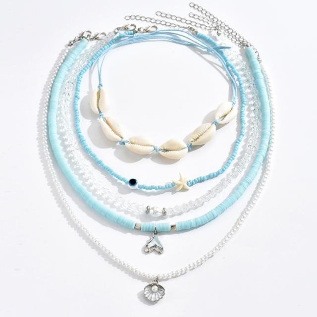 5pcs set Summer Fashion Blue Beaded Necklace Shell Design Necklace Set