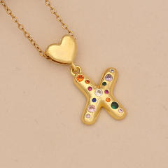 Hiphop rainbow cz inlaid initial letter charm gold plated copper necklace