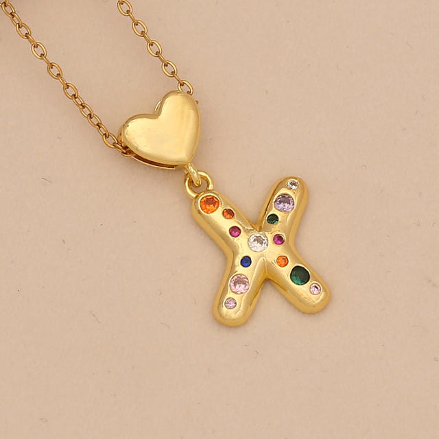 Hiphop rainbow cz inlaid initial letter charm gold plated copper necklace