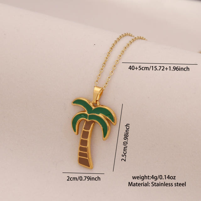 Summer color enamel cocount tree pendant stainless steel necklace