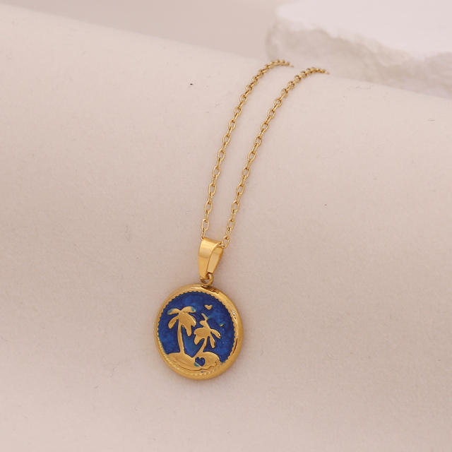 Summer color enamel cocount tree pendant stainless steel necklace