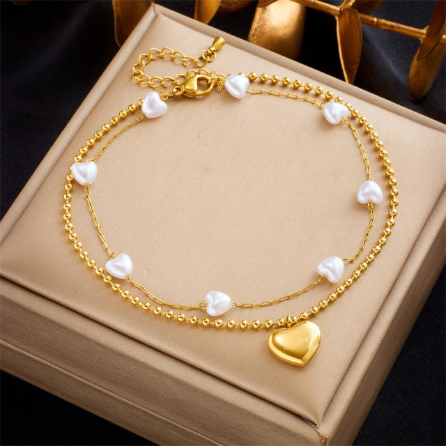 Elegant double layer pearl heart gold heart charm stainless steel anklet