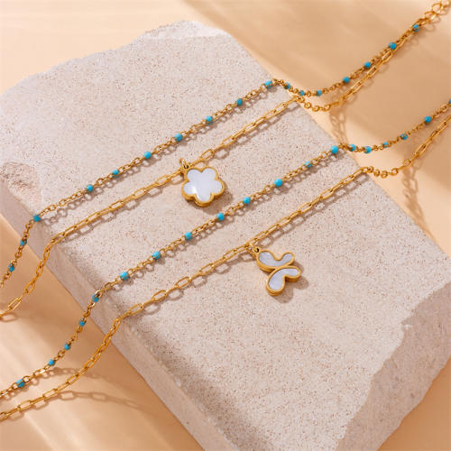 Vintage white shell butterfly flower charm two layer bead stainless steel anklet