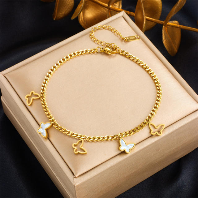 Hollow out butterfly white shell butterfly charm thick chain stainless steel anklet