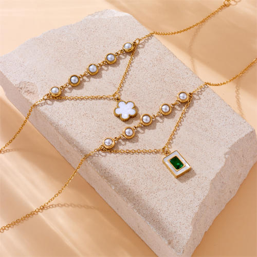 Elegant flower emerald block charm pearl bead stainless steel anklet