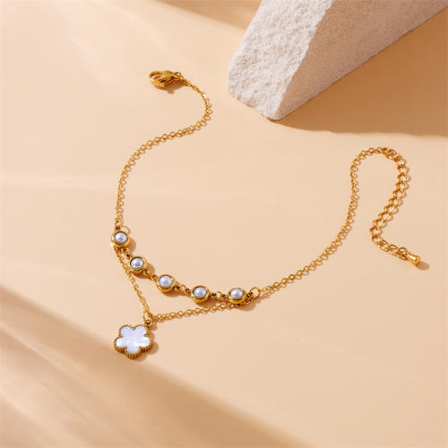 Elegant flower emerald block charm pearl bead stainless steel anklet