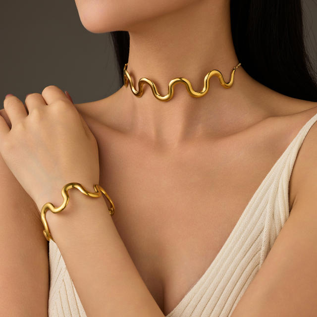 Simple wave shape stainless steel choker necklace bangle suit