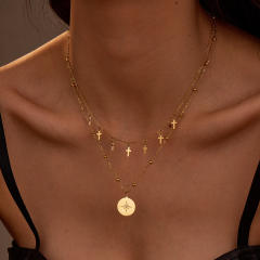 Double-Layer Stacked stainless Steel Necklace Cross tasssel Star Round pendant necklace