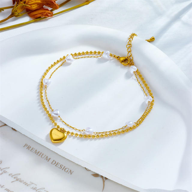 Elegant double layer pearl heart gold heart charm stainless steel anklet
