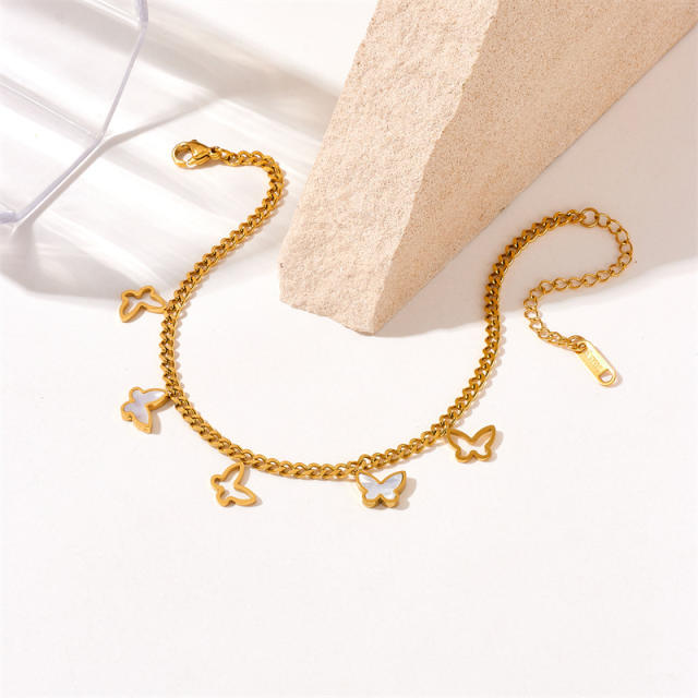 Hollow out butterfly white shell butterfly charm thick chain stainless steel anklet