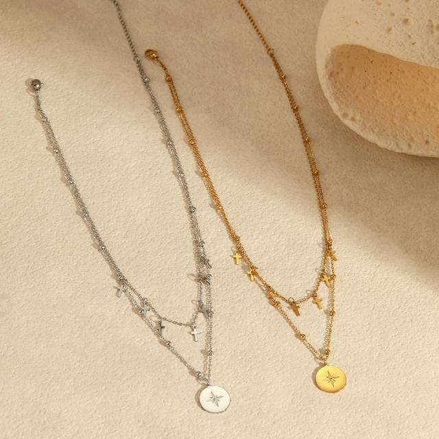 Double-Layer Stacked stainless Steel Necklace Cross tasssel Star Round pendant necklace