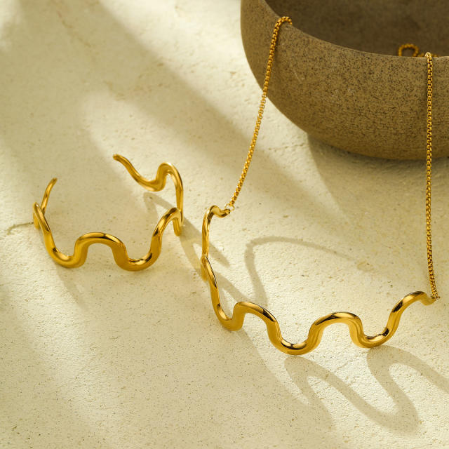 Simple wave shape stainless steel choker necklace bangle suit