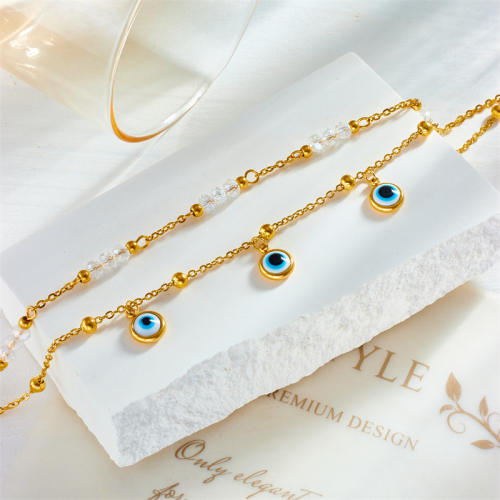 Vintage evil eye charm pearl bead two layer stainless steel anklet