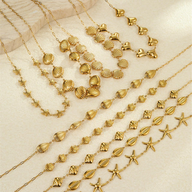 Marine Style Stainless Steel Hollow Starfish Shell Necklace Plated 18K Gold necklace