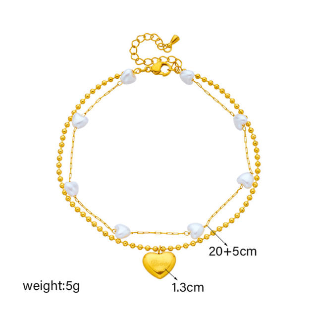 Elegant double layer pearl heart gold heart charm stainless steel anklet