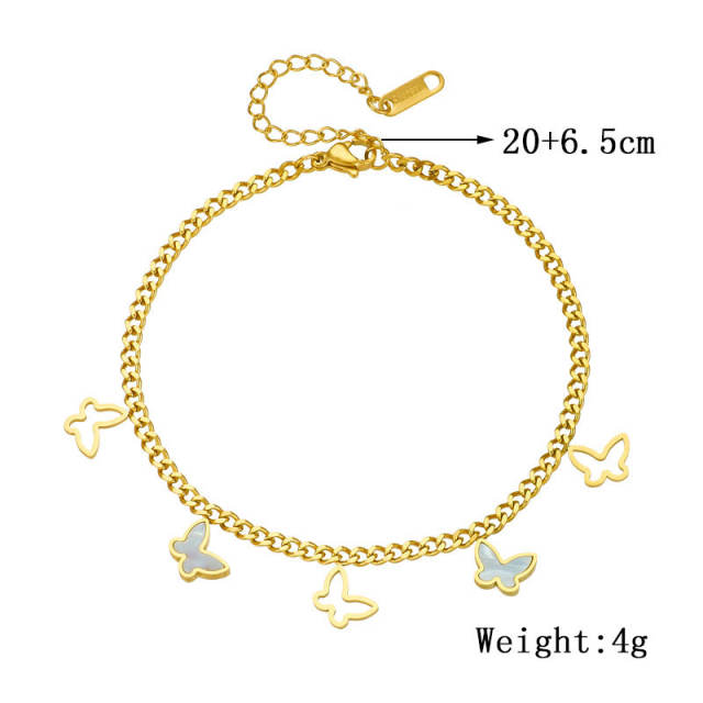 Hollow out butterfly white shell butterfly charm thick chain stainless steel anklet