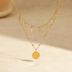 Double-Layer Stacked stainless Steel Necklace Cross tasssel Star Round pendant necklace