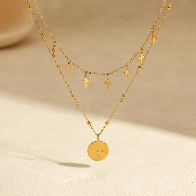 Double-Layer Stacked stainless Steel Necklace Cross tasssel Star Round pendant necklace