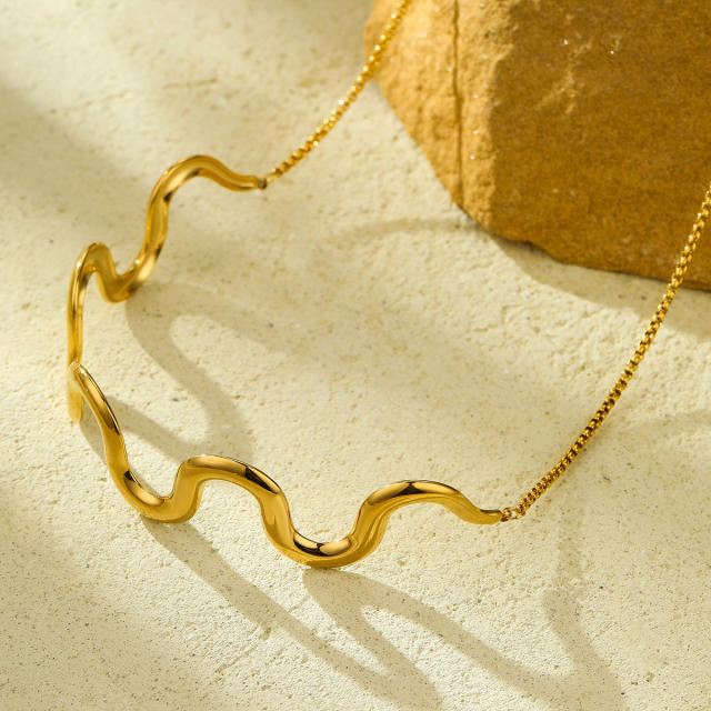 Simple wave shape stainless steel choker necklace bangle suit
