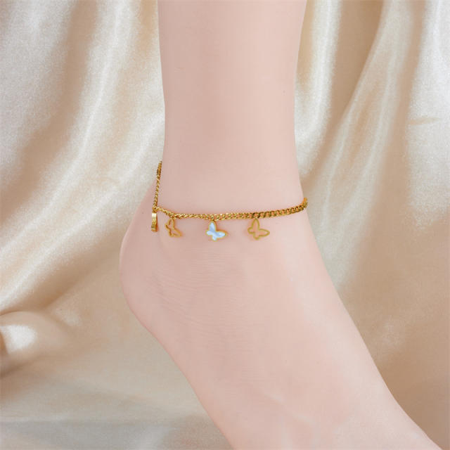 Hollow out butterfly white shell butterfly charm thick chain stainless steel anklet
