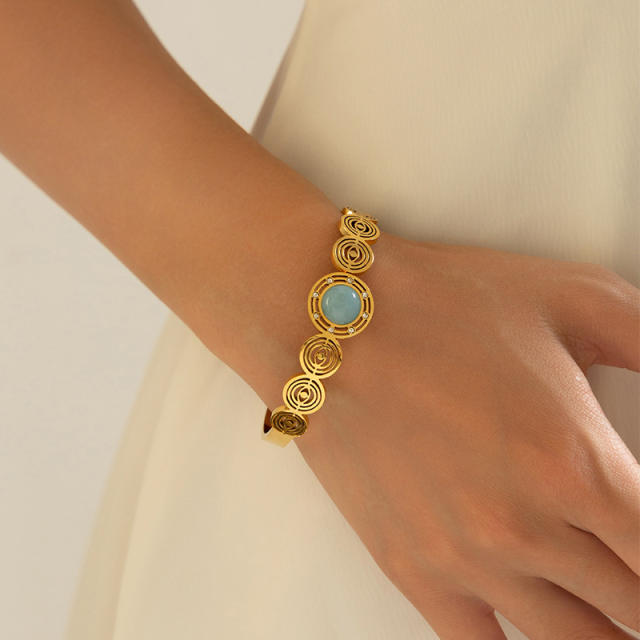 Vintage natural stone turquoise stone inlaid stainless steel bangle bracelet