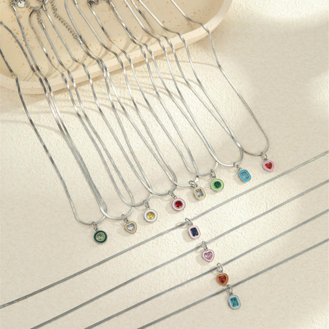 Minimalist Style Summer Stainless Steel Necklace Inlaid with Colorful Zircon