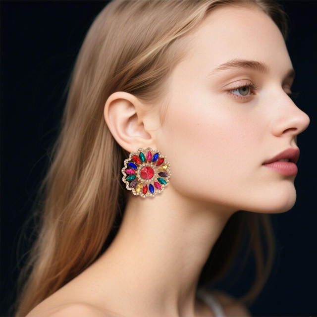 Rhinestone Sunflower Earrings European Exaggerated Design Alloy Earrings