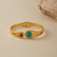 Vintage natural stone turquoise stone inlaid stainless steel bangle bracelet