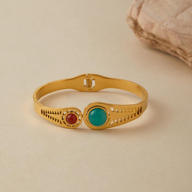 Vintage natural stone turquoise stone inlaid stainless steel bangle bracelet