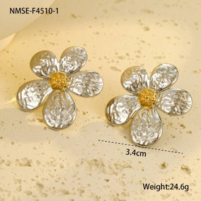 Hot sale two tone flower series hollow out stainless steel earrings necklace suit