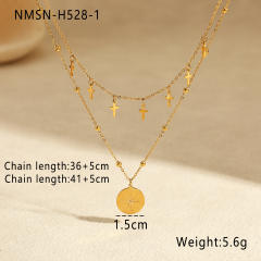 Double-Layer Stacked stainless Steel Necklace Cross tasssel Star Round pendant necklace