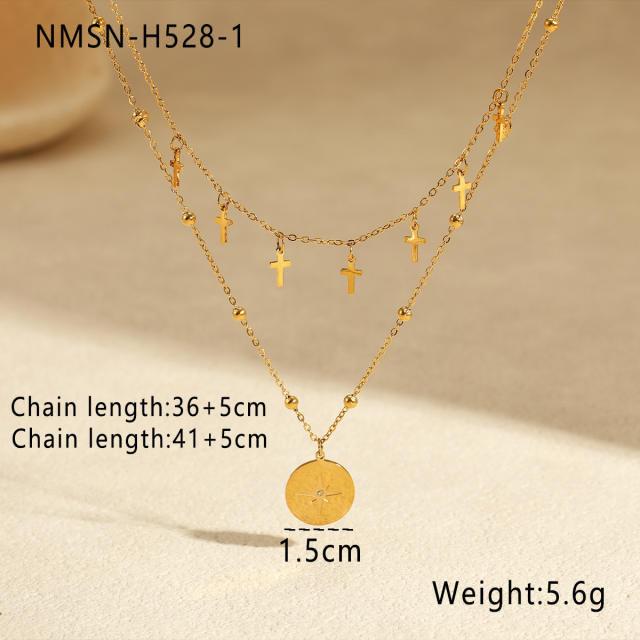 Double-Layer Stacked stainless Steel Necklace Cross tasssel Star Round pendant necklace