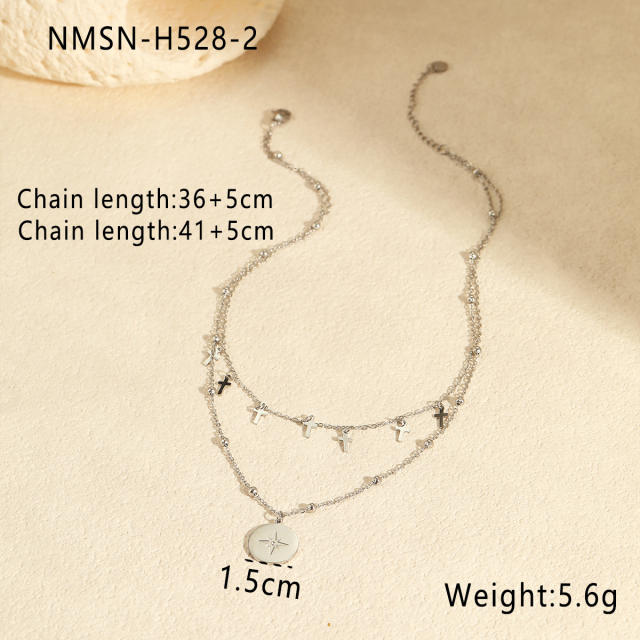 Double-Layer Stacked stainless Steel Necklace Cross tasssel Star Round pendant necklace