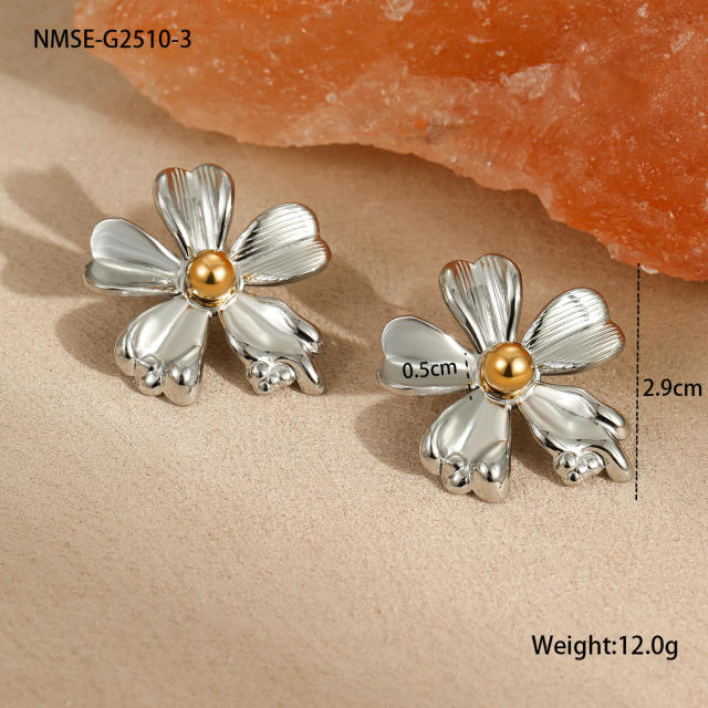 Hot sale two tone flower series hollow out stainless steel earrings necklace suit