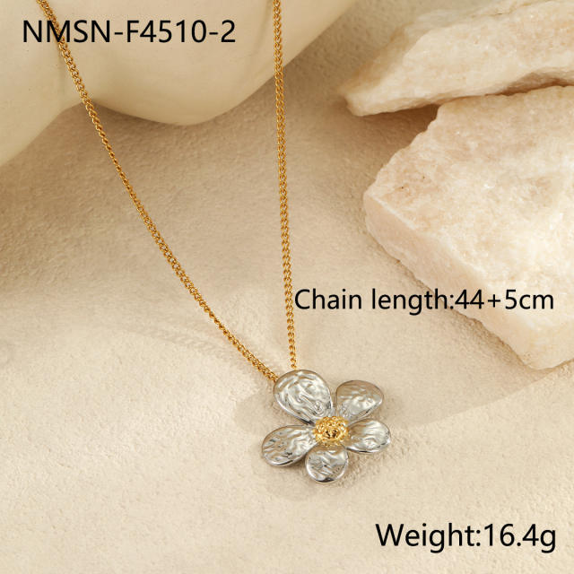 Hot sale two tone flower series hollow out stainless steel earrings necklace suit
