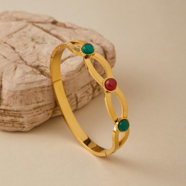 Vintage natural stone turquoise stone inlaid stainless steel bangle bracelet