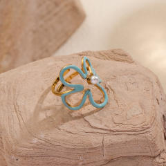 Summer hollow out flower blue color enamel stainless steel rings