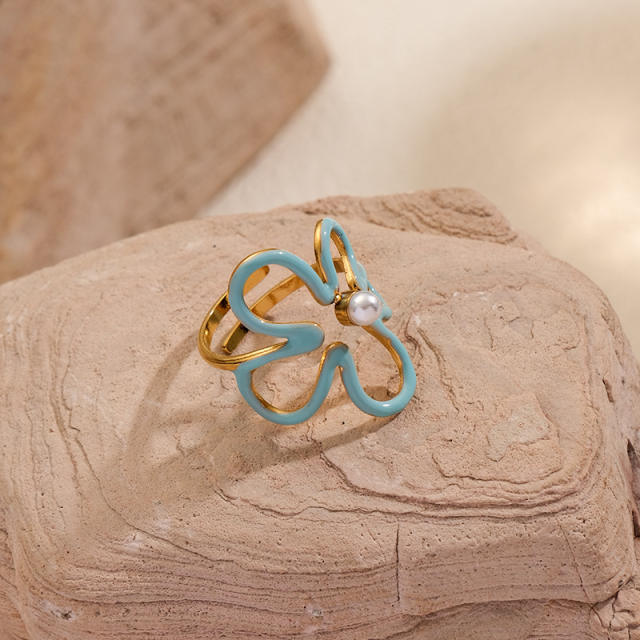 Summer hollow out flower blue color enamel stainless steel rings