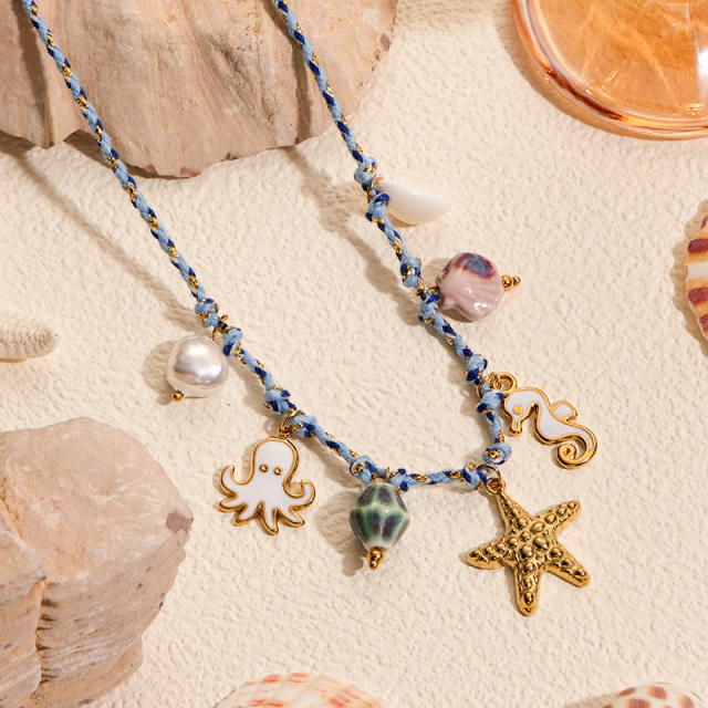 Summer Ocean Necklace for Women Colorful Stainless Steel enamel Starfish Seahorse Braided Rope Knot necklace