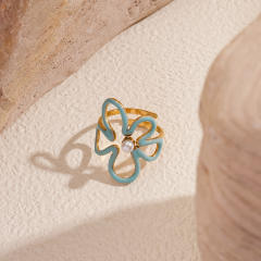 Summer hollow out flower blue color enamel stainless steel rings