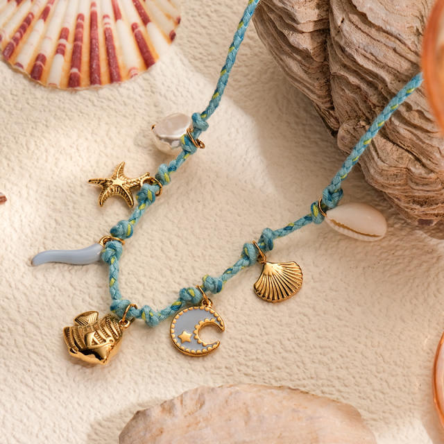 Beach Style Colorful Braided rope chain stainlss steel fish shell charms Necklace