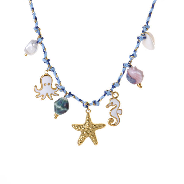 Summer Ocean Necklace for Women Colorful Stainless Steel enamel Starfish Seahorse Braided Rope Knot necklace