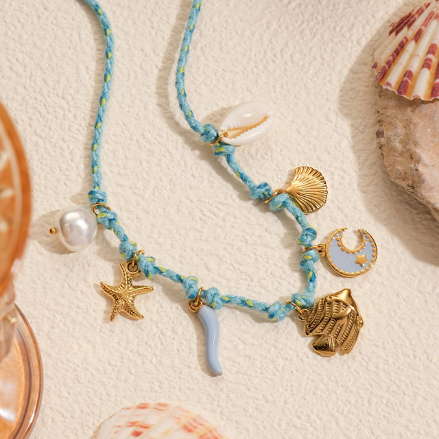 Beach Style Colorful Braided rope chain stainlss steel fish shell charms Necklace