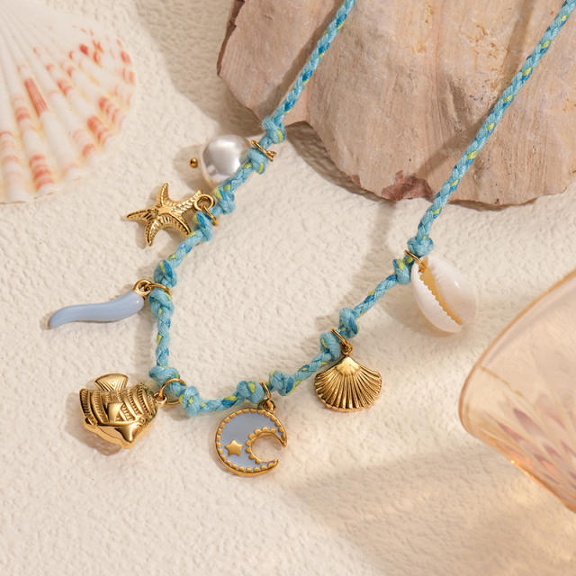 Beach Style Colorful Braided rope chain stainlss steel fish shell charms Necklace