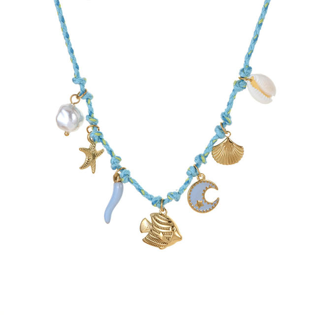 Beach Style Colorful Braided rope chain stainlss steel fish shell charms Necklace