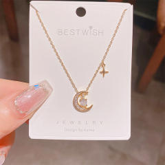 Stainless Steel Chain Moon Zircon Star Small Pendant necklace