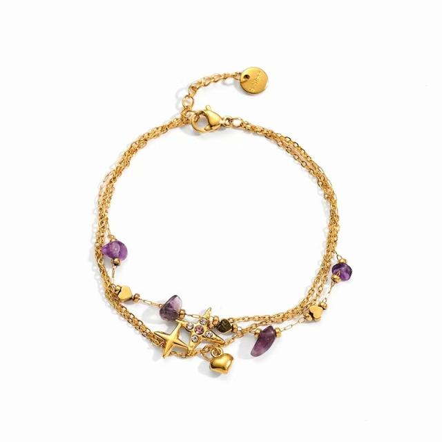 Personalized Stacked Accessible Luxury Stainless Steel Crystal Natural Stone Ocean Pendant Three-Layer Bracelet