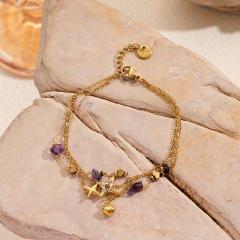 Personalized Stacked Accessible Luxury Stainless Steel Crystal Natural Stone Ocean Pendant Three-Layer Bracelet