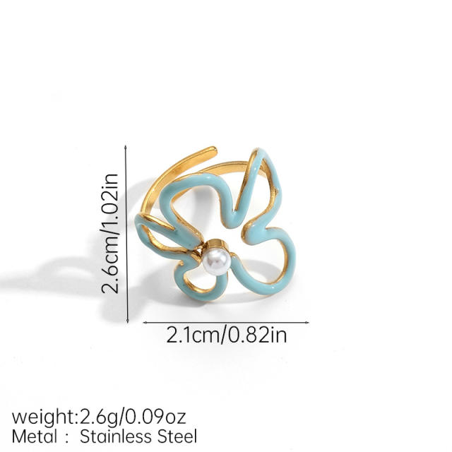 Summer hollow out flower blue color enamel stainless steel rings